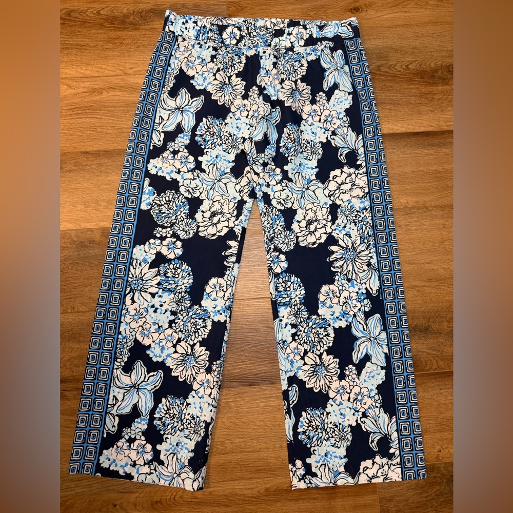 Lilly Pulitzer Bal Harbour Palazzo Pants XL Low Tide Navy Bouquet Wide Leg 32” - Picture 3 of 14